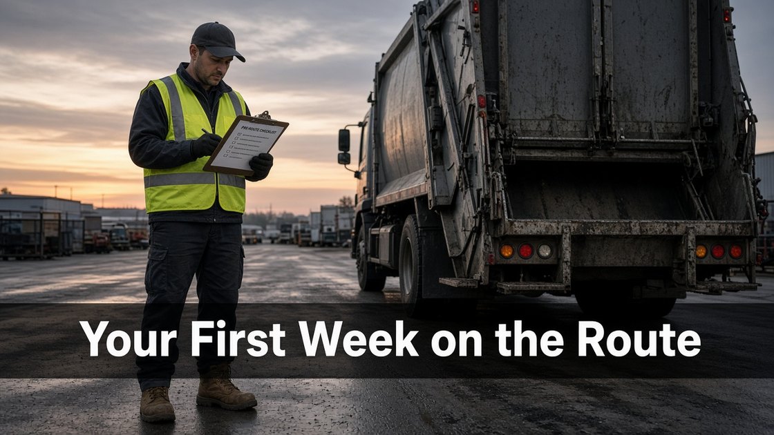 Sanitation helper reviewing a pre-route checklist beside a garbage truck at the depot, with the words Your First Week on the Route